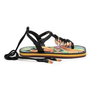 FARM RIO Beaded Black Ankle Wrap Sandals